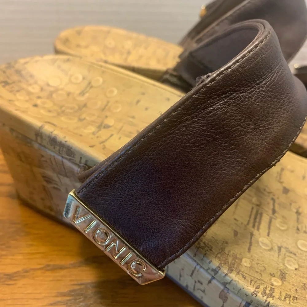 Vionic Brown Leather Wedge Shoes with Cork look Footbed Size 9 - Picture 3 of 14